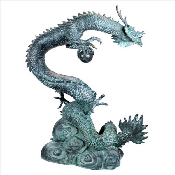 Spouting Asian Dragon with Oriental Power Orb Bronze Garden Statue